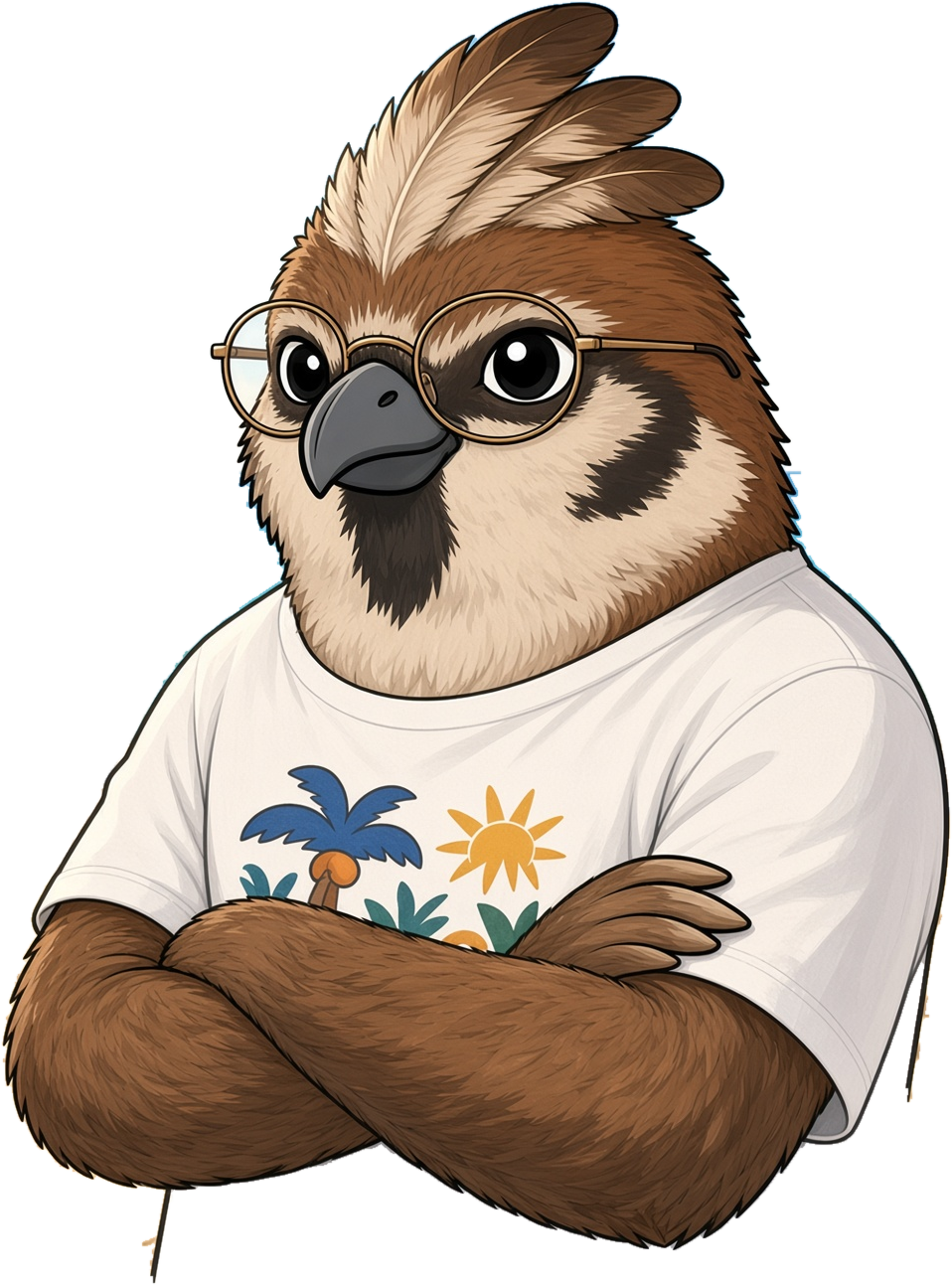 A crested sparrow in round glasses and a palm-print tee on a beach