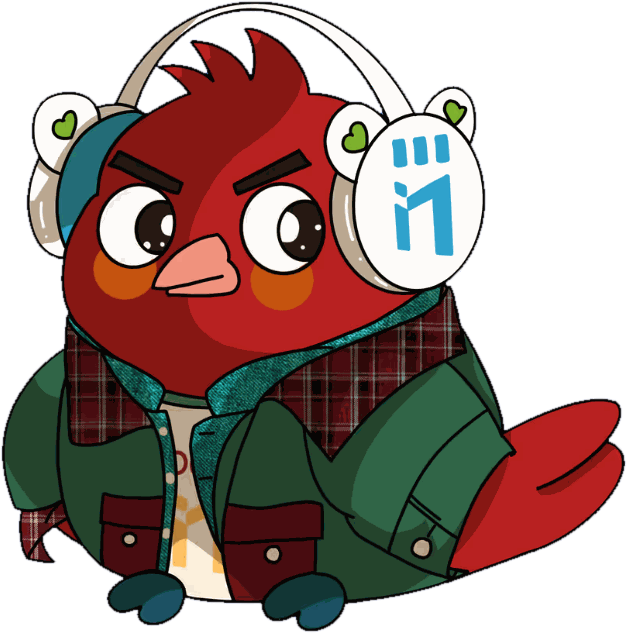 The first NFTKEK style: a round cardinal in a field jacket and headphones
