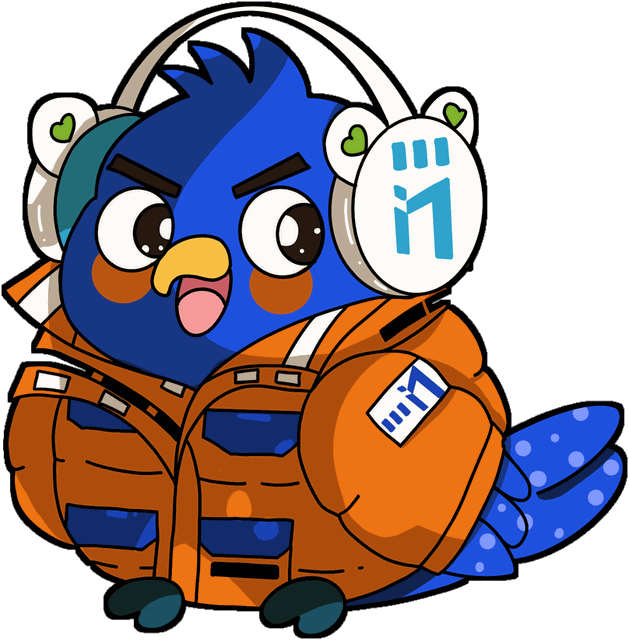 The first NFTKEK style: a round blue jay in a flight jacket and headphones
