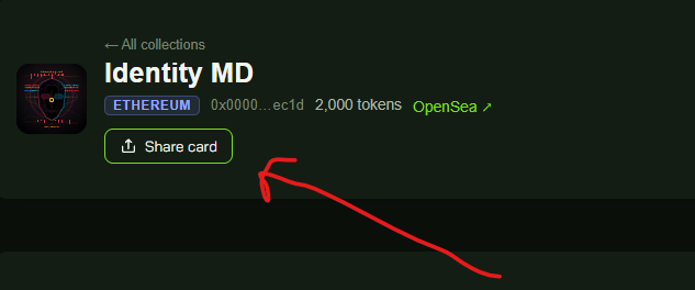 A collection page on app.nftkek.xyz with an arrow pointing at the Share card button under the collection name