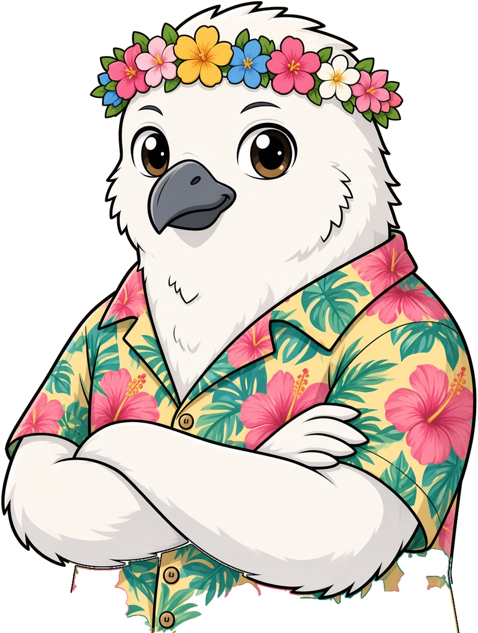 A white cockatoo in a flower crown and a hibiscus shirt